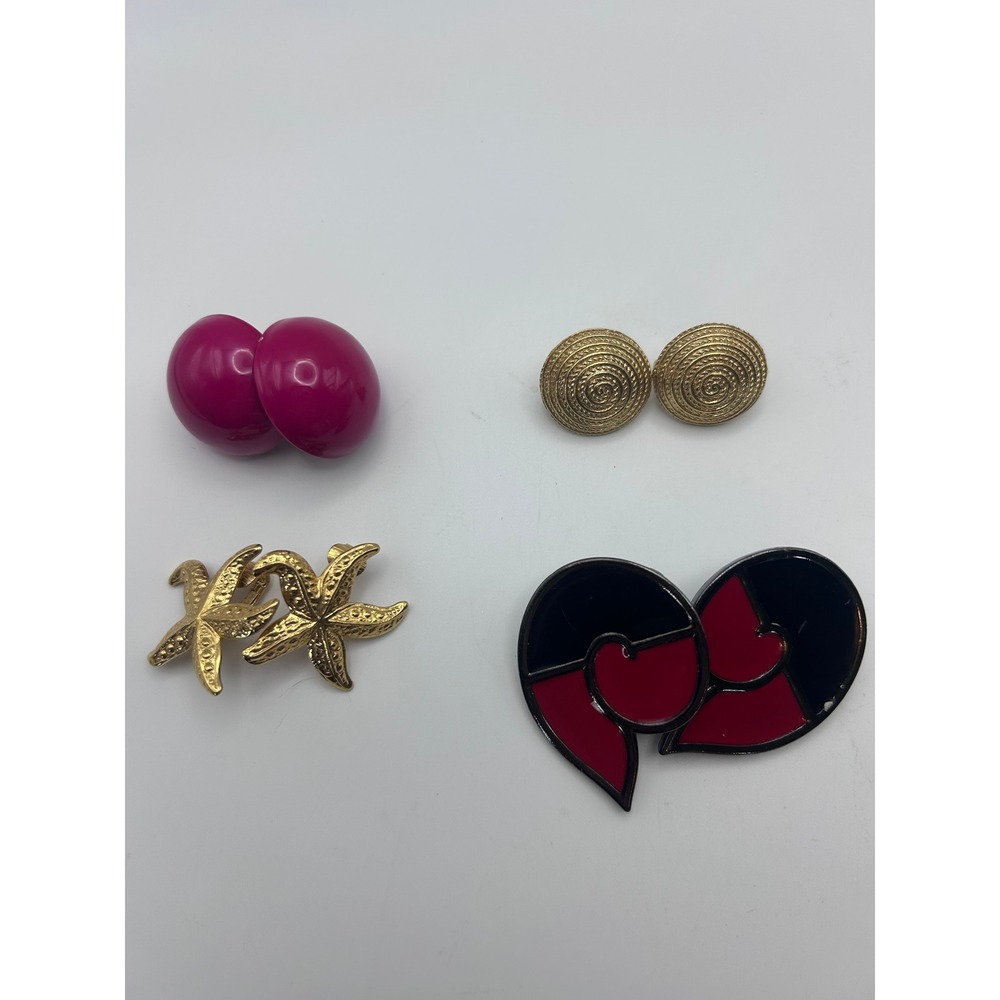Vintage Clip On Earrings Lot 4 Pairs Starfish Enamel Gold Tone Magenta Retro - Picture 5 of 8
